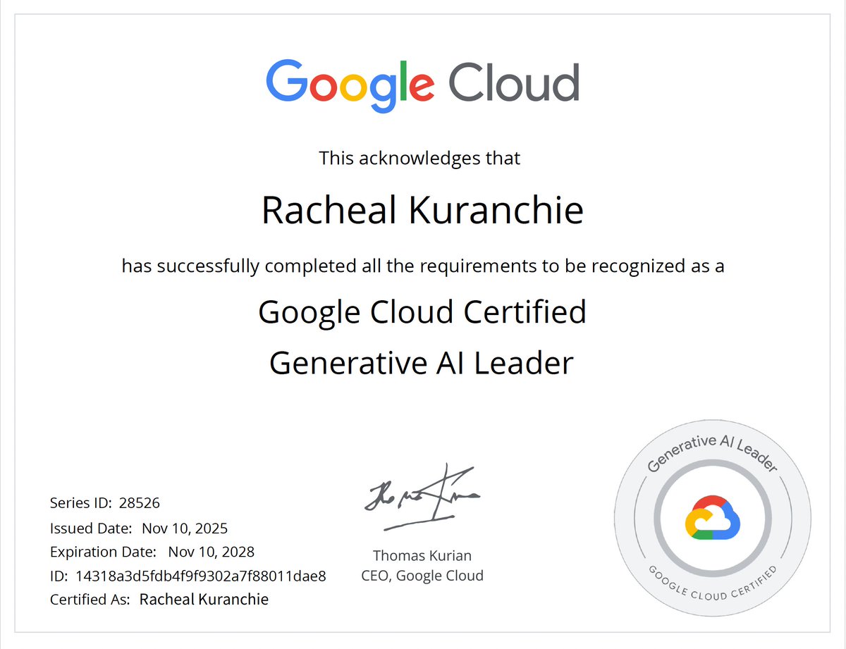 RachealKuranch2's tweet image. My birthday is December 7th, and I already gave myself the best gift: I&apos;m now officially a Google Cloud Certified Generative AI Leader! 

Certified to lead the AI governance and strategy charge. So proud of this achievement! 🥹🥹🥹🥳🥳🥳

#GoogleCloud #GenerativeAI