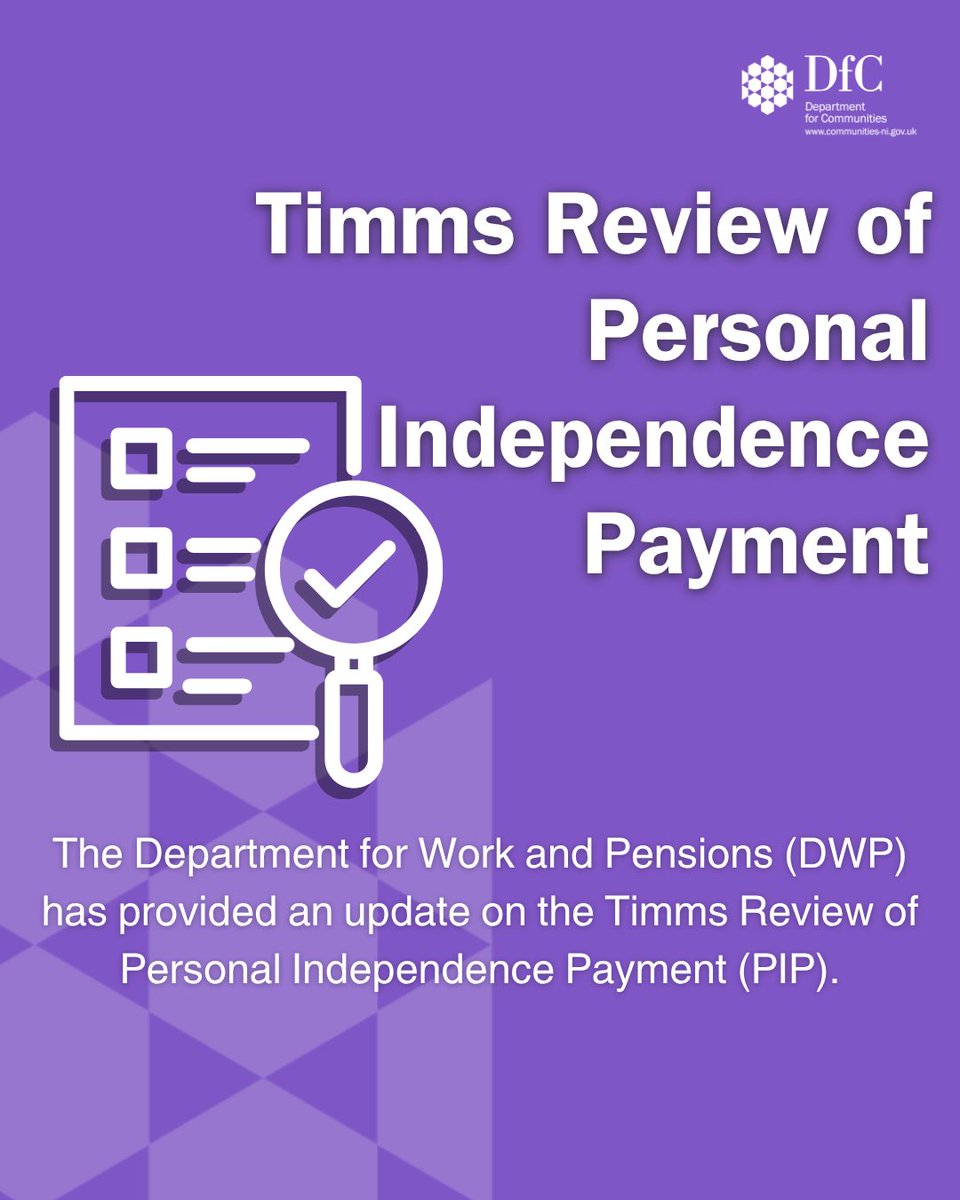 CommunitiesNI's tweet image. The @DWPGovUK has provided an update on the Timms Review of Personal Independence Payment (PIP).

Apply to join the steering group before the 30th November deadline by following the link in this thread. ⬇️