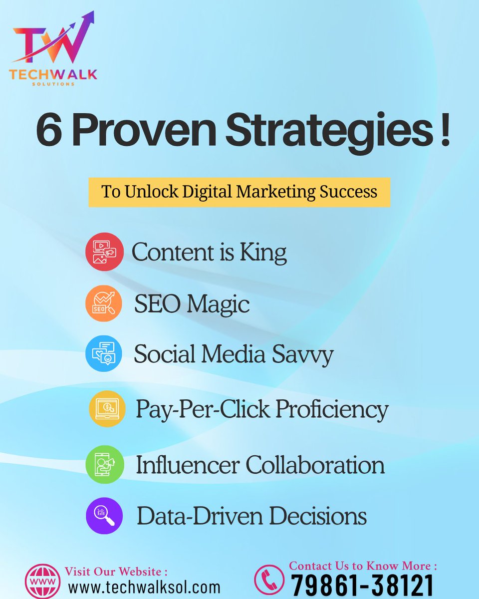 SolTechwalk3278's tweet image. Unlock your digital marketing success with 6 proven strategies! 🚀
From powerful content to data-driven decisions, Techwalk helps your brand grow smarter and faster. 

📞 79861-38121 | 🌐 techwalksol.com

#TechwalkSolutions #DigitalMarketing #MarketingStrategy