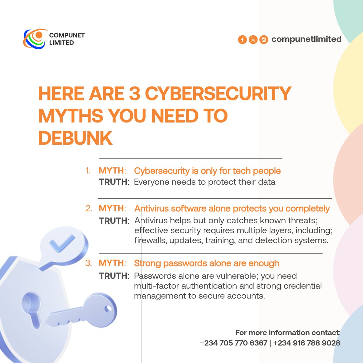 CompunetLimited's tweet photo. Cybersecurity In Nigerian Slang...

Cybersecurity myths go scatter once you understand say security no be padlock wey you hang once and waka...

but na some thing wey you gats dey feed, dey check, dey upgrade every time. https://t.co/DN8hEitikR