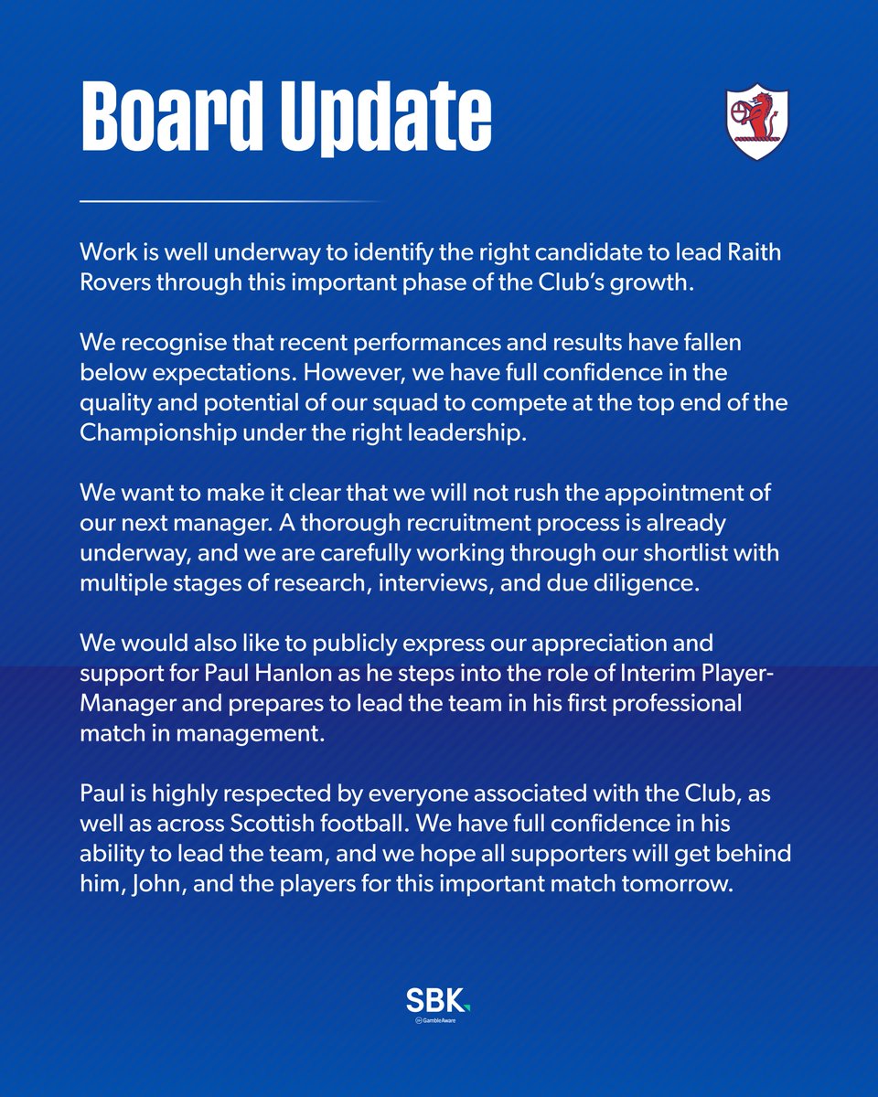 RaithRovers's tweet image. Board Statement: Manager Update