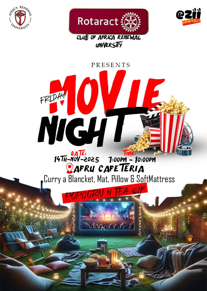 Happening tonight 📺

⏰ Starting 7:00PM
📍 <a href="/AfricarenewalU/">Africa Renewal University</a> Cafeteria 

#PeopleOfAction: JOIN US today for an outdoor experience in the backyard, it's a Rotaract Movie Night with a compliment on the menu.

🎬 BE THERE OR BE SQUARE.