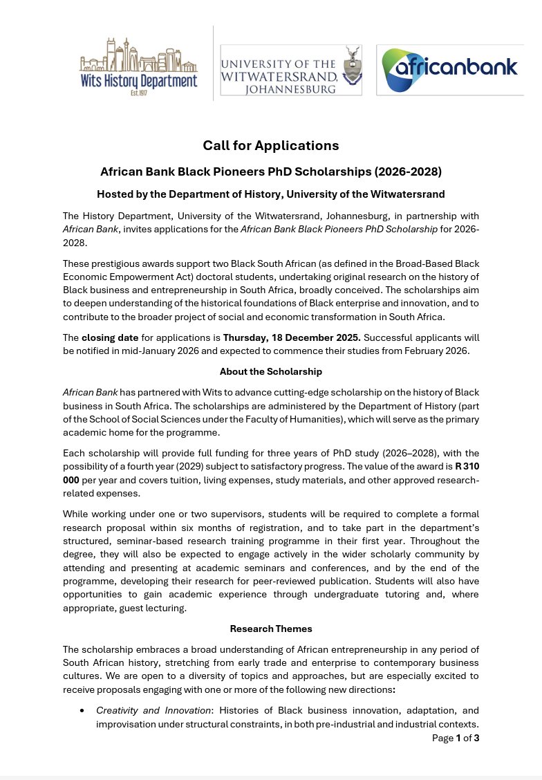 SOSSWits's tweet image. The History Department, University of the Witwatersrand, in partnership with African Bank, invites applications for the African Bank Black Pioneers PhD Scholarship for 2026 - 2028. 

Closing date:  18 December 2025: See more: wits.ac.za/socialsciences…
