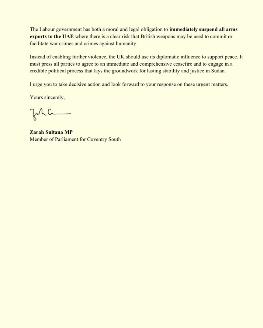 The UK cannot claim ignorance. British-made arms are being found in Sudan, where mass atrocities are unfolding.

I’ve written to the Foreign Secretary urging an immediate suspension of all arms exports to the UAE and urgent diplomatic action to stop the violence: