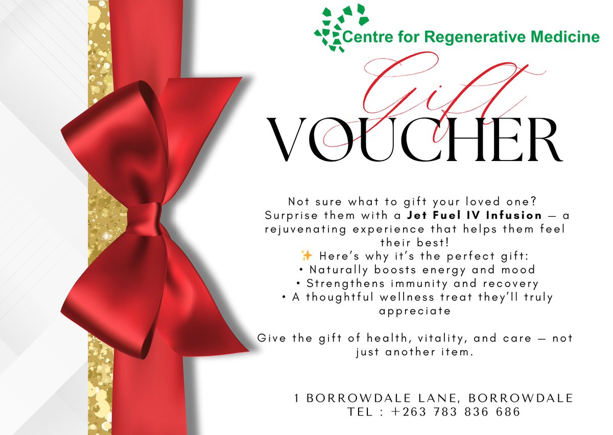 Running out of gift ideas?  We got you!
Get a gift voucher at the Centre of Regenerative Medicine and spoil your loved ones with something really extraordinary!
HARARE, ZIMBABWE 🇿🇼🇿🇼
#Zimbabwe  #harare  #giftforher  #giftforhim #gifts #giftideas #giftidea <a href="/doksolanki/">Dr Vivek Solanki 🇷🇸</a>