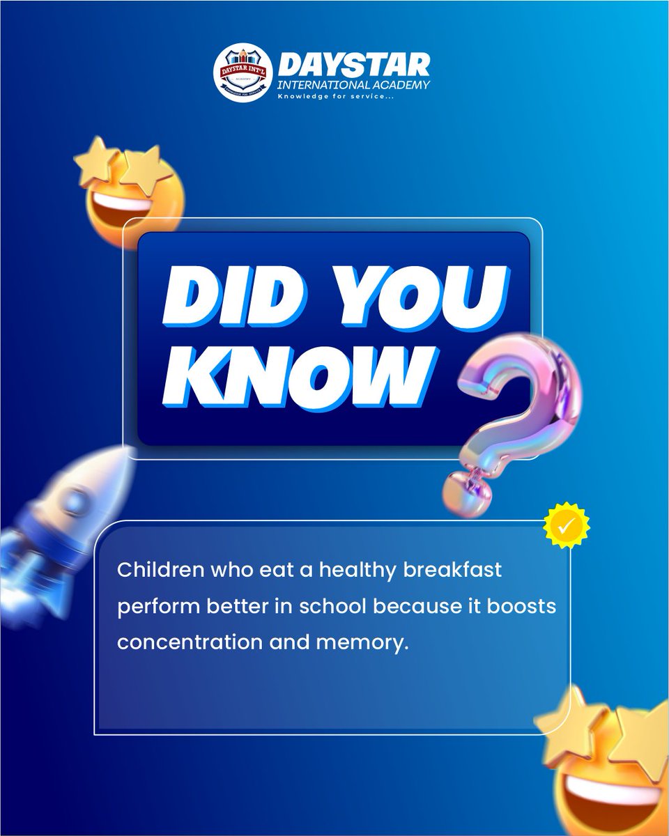 DIAonlineschool's tweet image. 🤔💡 Did you know?
Children who eat a healthy breakfast perform better in school because it boosts concentration and memory. 🥞🍎
#FunFactFriday #DaystarAcademy #HealthyLearning #ChildDevelopment