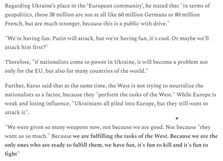 But so far, he is "fulfilling the tasks of the West" because "it's fun to kill".

Zhenia actually has a remarkably clear-eyed view of the function of Ukrainian nationalism. In this war, and in much of 20th-century history.