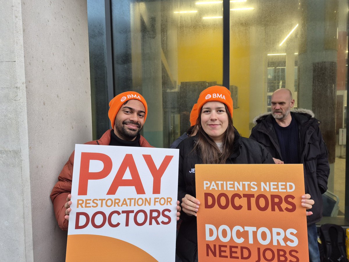 This is Projit and Izzie who are both F1's

They are on strike because EVEN NOW they are worried about not having a job when they get to the end of F2.

They also feel their colleagues expertise is not valued and they deserve pay resortation 

<a href="/BMAResidents/">Resident Doctors</a>