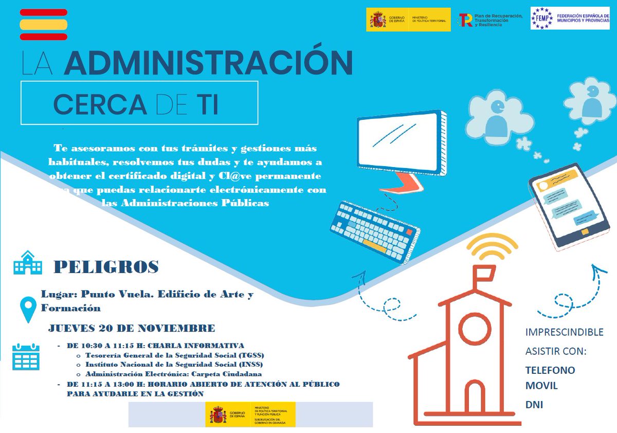 #Administracióncercadeti es un taller sobre Administración Electrónica que tendrá lugar en el Punto Vuela de Peligros el día 20 de Noviembre de 10:30 a 11:15 h: CHARLA INFORMATIVA sobre TGSS, INSS y Carpeta Ciudadana. De 11:15 a 13:00 h horario para gestiones. <a href="/PuntosVuela/">Puntos Vuela</a>