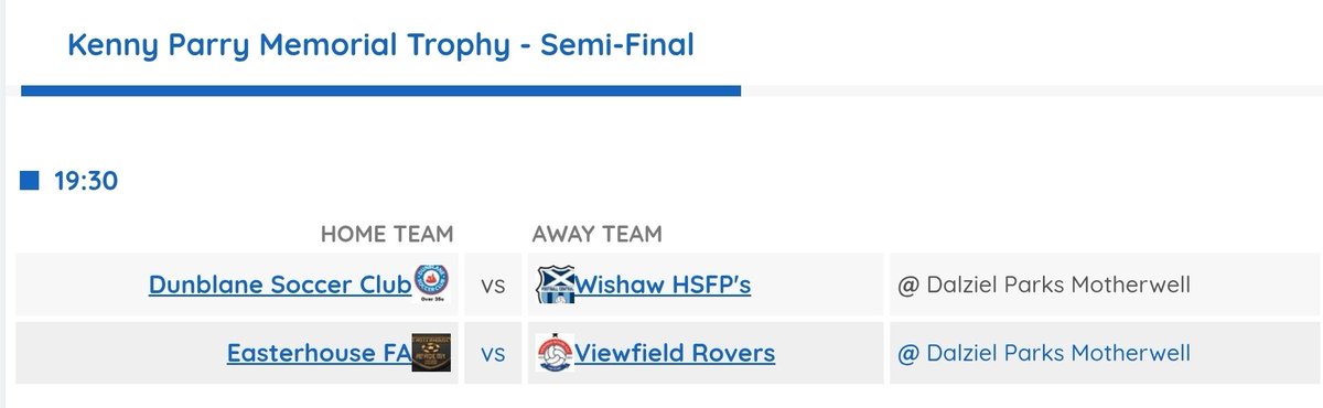Kenny Parry Memorial Trophy Semi Finals tonight! 🏆⚽️

Two cracking games on right next to each other at Dalziel Parks, Motherwell. 

Good luck to all teams involved! 👍

<a href="/scottish_aff/">AmateurFixturesResultsSCO</a> <a href="/centregions35s/">Football Central 35s</a>