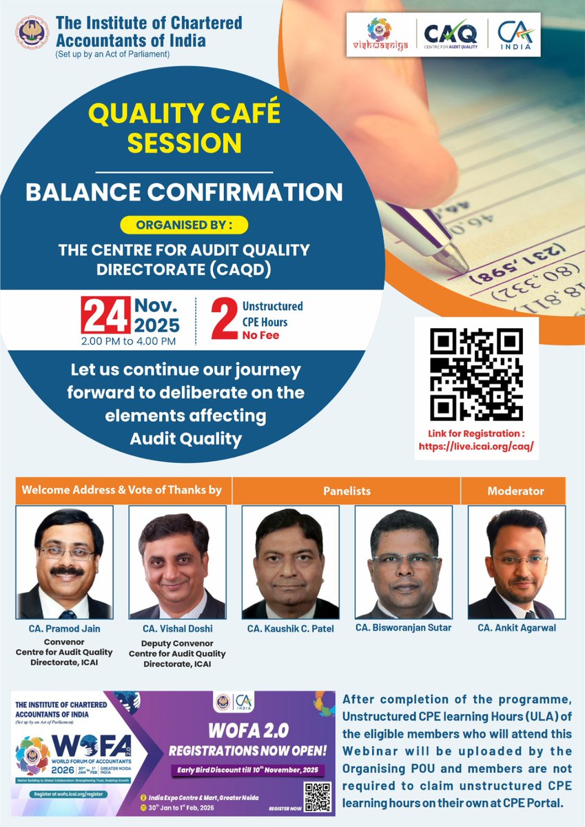 Register for 27th Quality Café Session on "Balance Confirmation" scheduled on 24.11.2025 from 2:00 PM to 4:00 PM at live.icai.org/caq/

<a href="/CAPramodLunawat/">CA. Pramod Jain</a> <a href="/cavishaldoshi/">Vishal Doshi</a> <a href="/theicai/">Institute of Chartered Accountants of India - ICAI</a> 

#Audit #auditquality #auditor #cafirms #ca #assurance #TheICAI