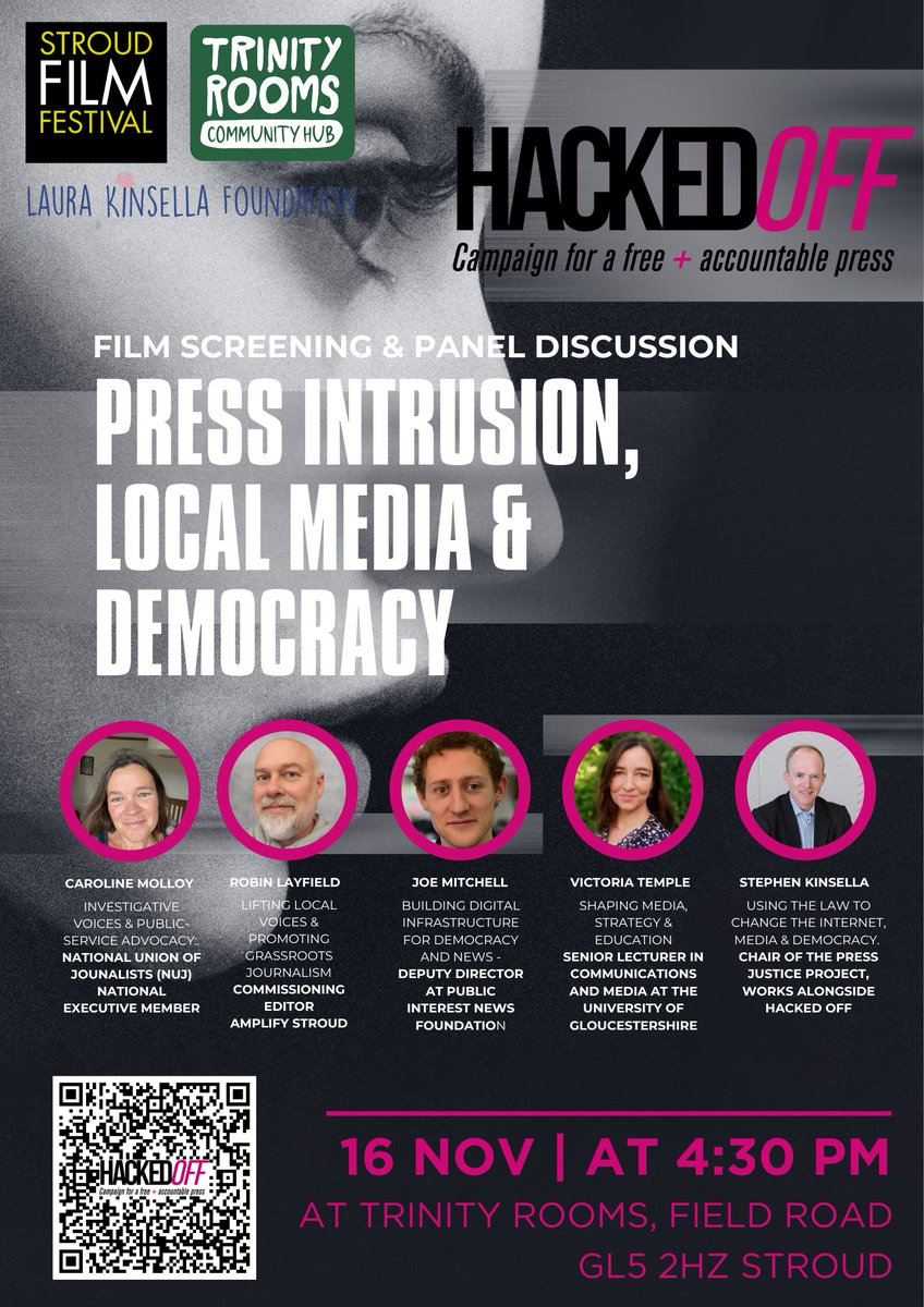 PressJusticeNow's tweet image. 📣 Hacked Off Event in Stroud 📣 

Hacked Off will be hosting a film screening and panel discussion on press intrusion, local media, and democracy.

📅 16 Nov
⏰ 4:30 PM
📍 Trinity Rooms, Field Road, Stroud (GL5 2HZ)

All welcome.

#HackedOff #Stroud #Media #Democracy