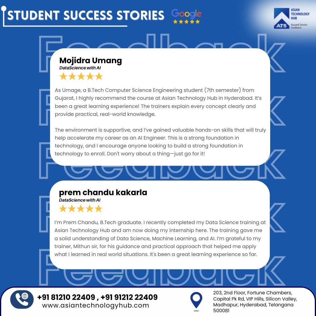 ATS_TechHub's tweet image. 🚀 Proud of our Data Science &amp;amp; AI students at Asian Technology Hub!
New batches starting—Register now: tally.so/r/mREvJQ

📞 81210 22409 | 91212 22409
📍 Madhapur, Hyderabad

#DataScience #AI #Python #ML #Hyderabad #AsianTechnologyHub