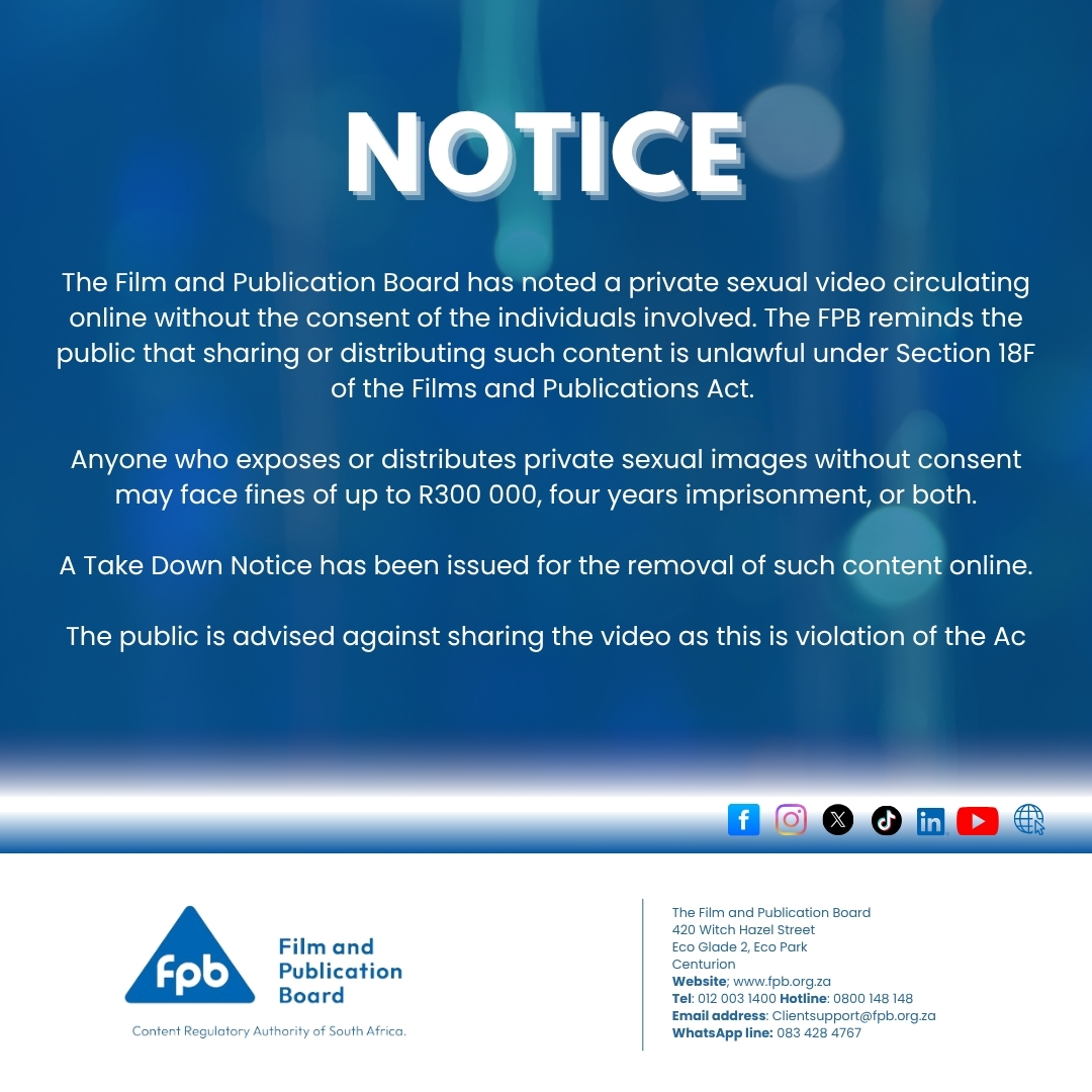 FPB_ZA's tweet image. Sharing videos that harm or expose others is unlawful!

Help stop online harm. If you see such videos circulating, do not share, Report!

#childprotection #OnlineSafety #ProtectChildren #16DaysOfActivism #awareness