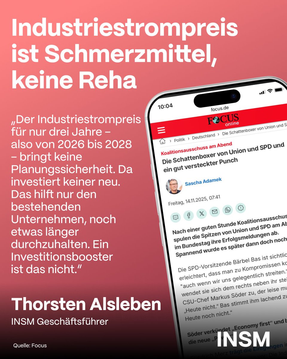 "Wir erleben, dass industrielle Produktion volkswirtschaftlich durch Pflegeheime ersetzt wird", betont INSM-Chef <a href="/BerlinReporter/">Thorsten Alsleben 🇩🇪🇮🇱🇺🇦</a> anlässlich der mangelhaften Beschlüsse des Koalitionsausschusses gegenüber dem <a href="/focusonline/">FOCUS online</a>.