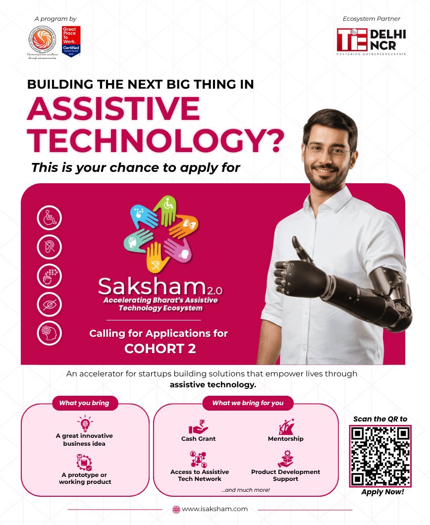 TiEDelhi's tweet image. Innovation that empowers. Inclusion that transforms.
SACC India brings Saksham 2.0 - an accelerator for startups creating assistive technology for people with disabilities.

Applications are LIVE. Apply today!

 👉 f6s.com/saksham-2.0/ap…
#SACCIndia #Saksham2 #AssistiveTech…