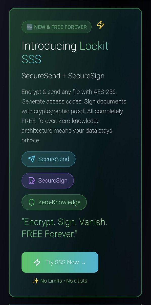 swiftcrest1's tweet image. Forget crazy fees and flimsy security. Lockit #SecureSign and #SecureSend give you FREE FOREVER, uncrackable, zero-knowledge #encryption with cryptographic proof and public verification. It's not just a signature; It's a boss move.😂🤭😆😎🤟🏼🙏🏼
😎 #privacy Lockit.Space