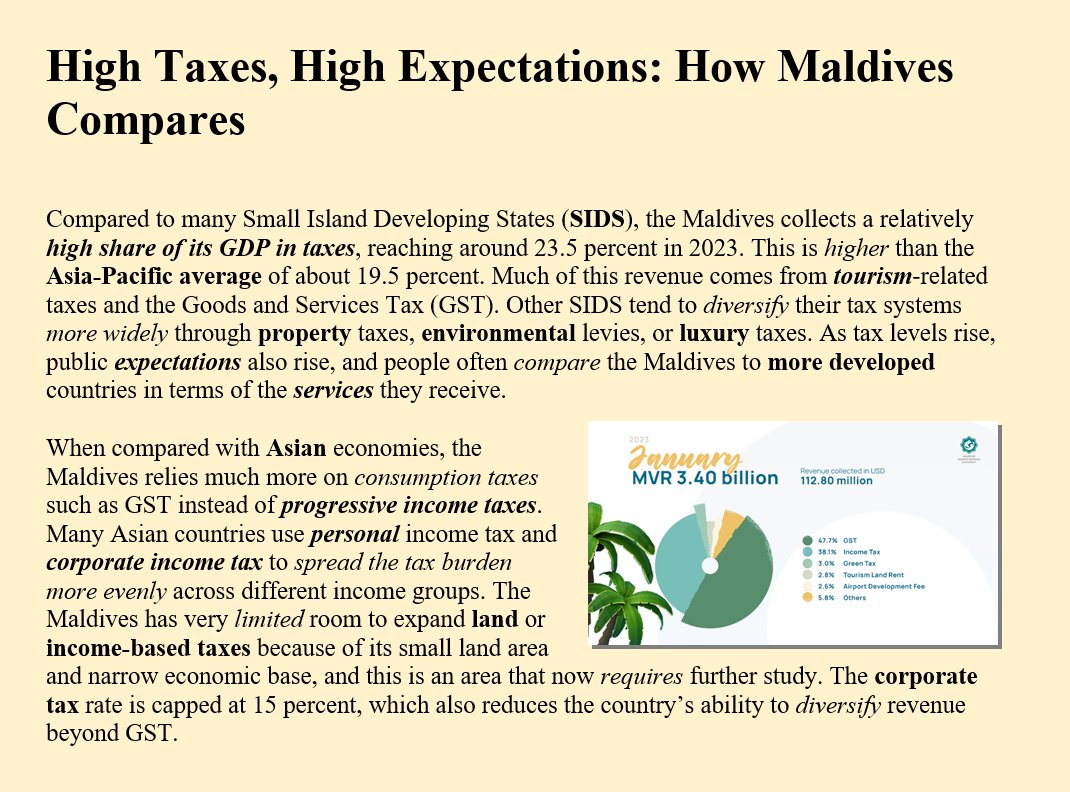 _mohamedimad's tweet image. Maldives collects relatively high level of tax compared to SIDS &amp;amp; Asian countries, raising expectations for better services, relying heavily on consumption taxes. #FiscalReform #PublicServices #TaxForValue #DigitalTaxation #PublicTrust #wb #imf #adb @TransparencyMV
#VisitMaldives