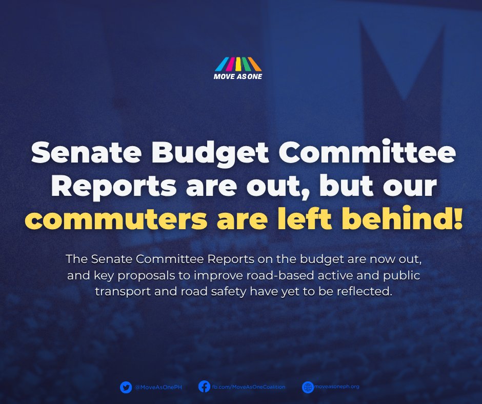 MoveAsOnePH's tweet image. The Senate Budget Committee Reports are out — and commuters are still left behind.

Road safety: zero.
Active transport: underfunded.
Service contracting: zero.
As plenary debates begin, we call on senators to fund mobility that is safe, humane, and inclusive for all.
#MoveAsOne