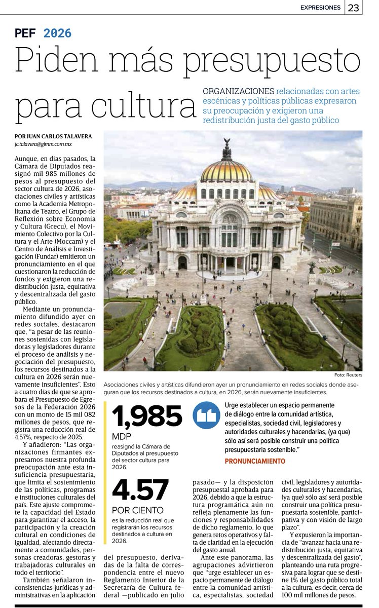 Piden más presupuesto para el sector cultura
excelsior.com.mx/expresiones/pi…