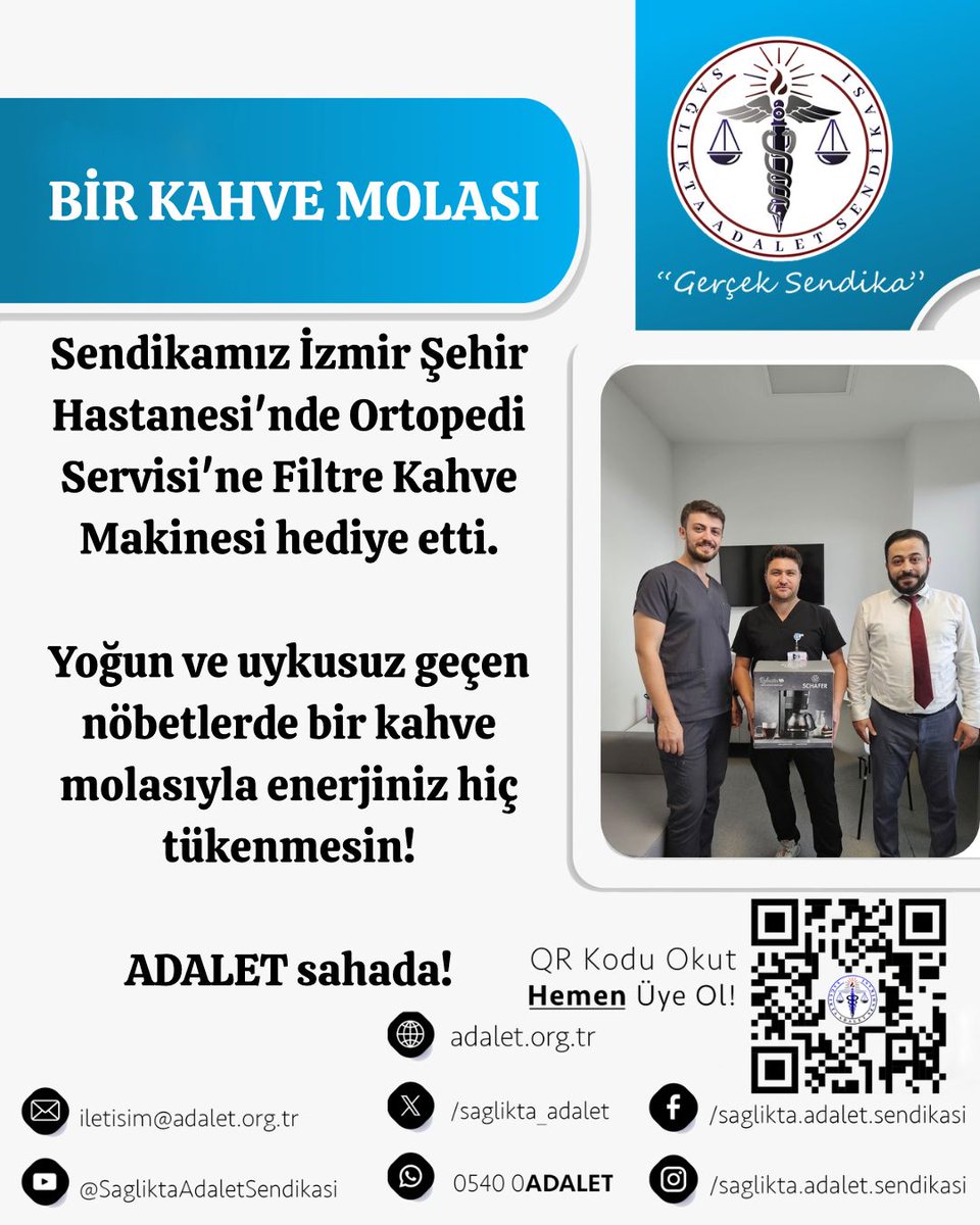 saglikta_adalet's tweet photo. BİR KAHVE MOLASI

Sendikamız İzmir Şehir Hastanesi'nde Ortopedi Servisi'ne Filtre Kahve Makinesi hediye etti.

Yoğun ve uykusuz geçen nöbetlerde bir kahve molasıyla enerjiniz hiç tükenmesin!

ADALET sahada!

#Adalet #SağlıktaAdaletSendikası #GerçekSendika #ArtıkAdaletVar #AdaletHerYerdeizmir