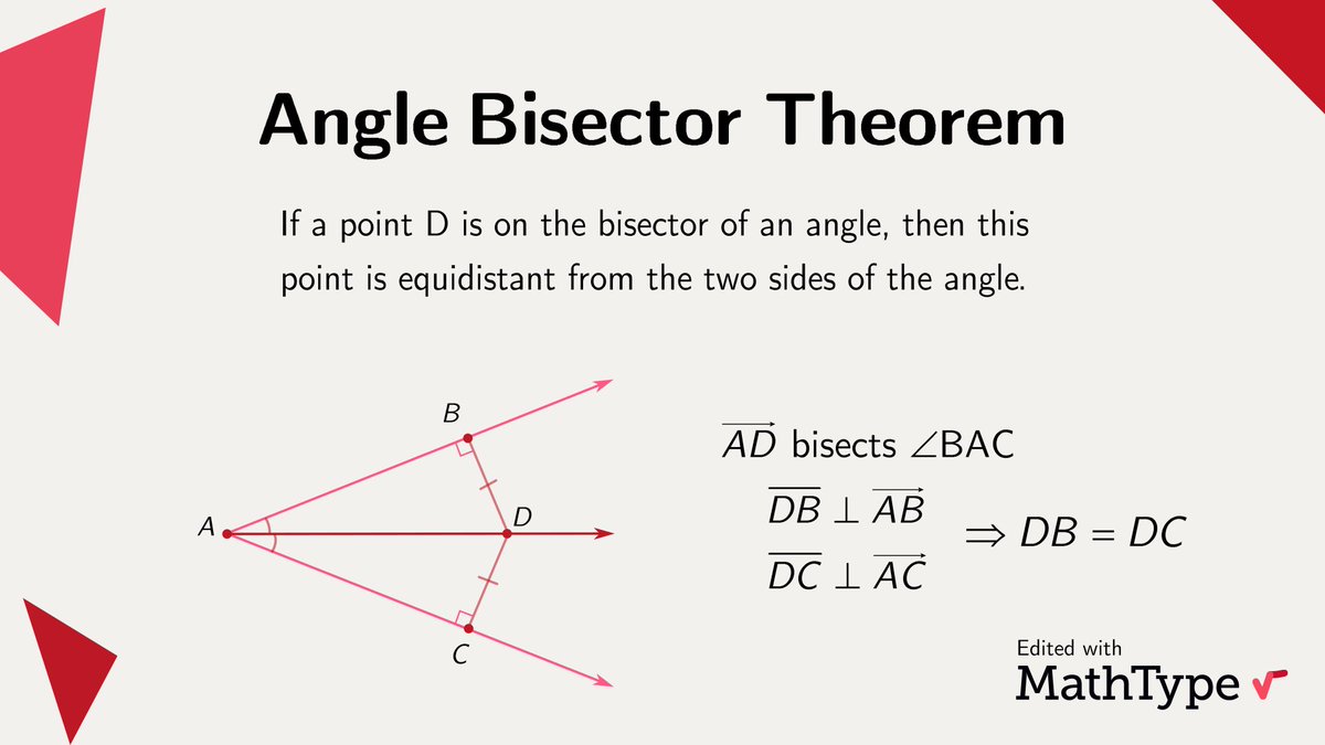 MathType's tweet image. The Angle Bisector Theorem is a geometric result that sheds light on the distances between various points in relation to the angle&apos;s bisector. But first, how would you find the bisector of an angle graphically? 

#MathType #math #mathematics #mathproblems #mathfacts