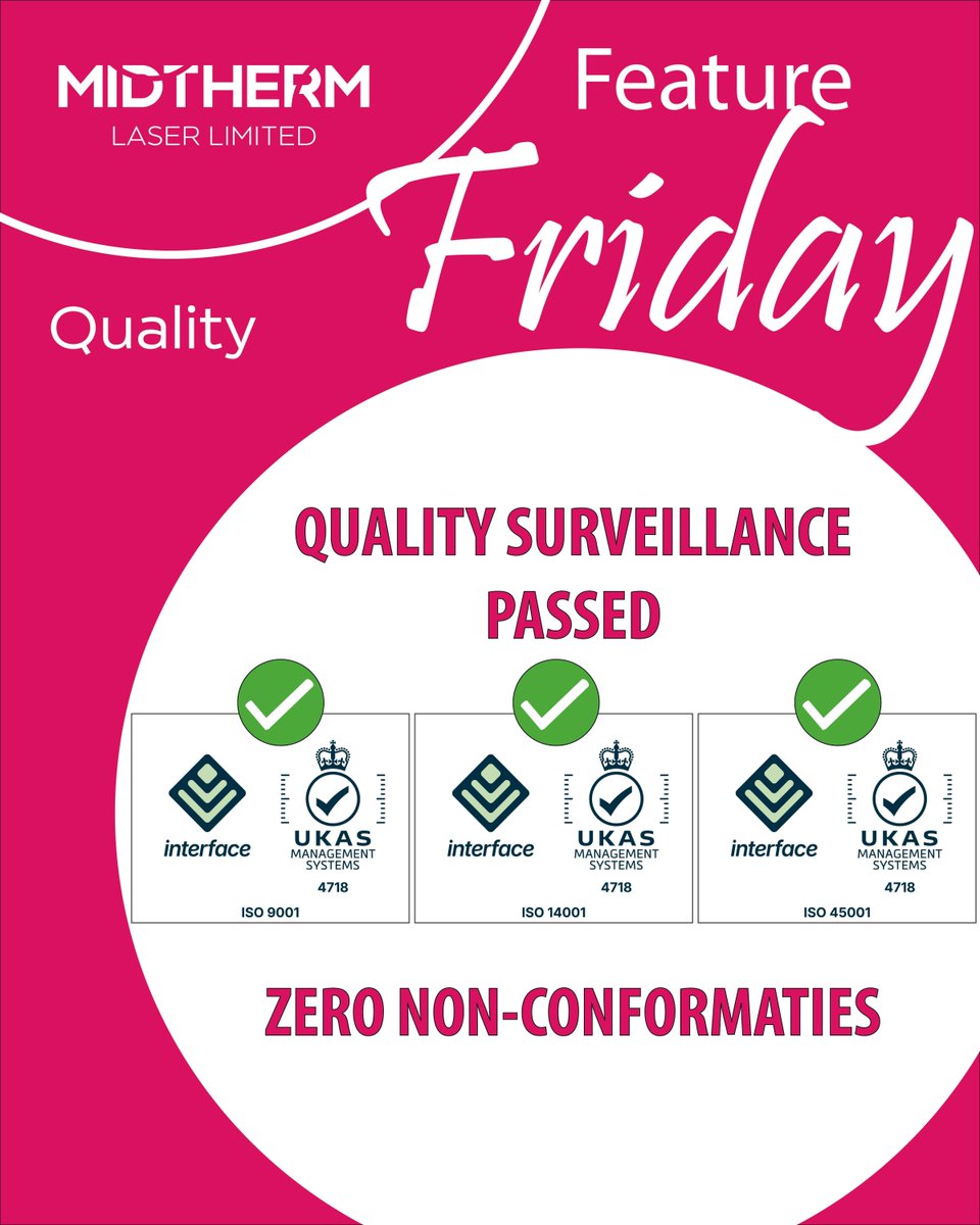 Midthermlaser's tweet image. Feature Friday – Quality Surveillance Passed

We have successfully passed our quality surveillance visits for all three standards – ISO 9001, ISO 14001, and ISO 45001 with no non-conformities.

Find out more here: buff.ly/WTDClJZ 

#Laser #Lasercutting #Forming #Quality
