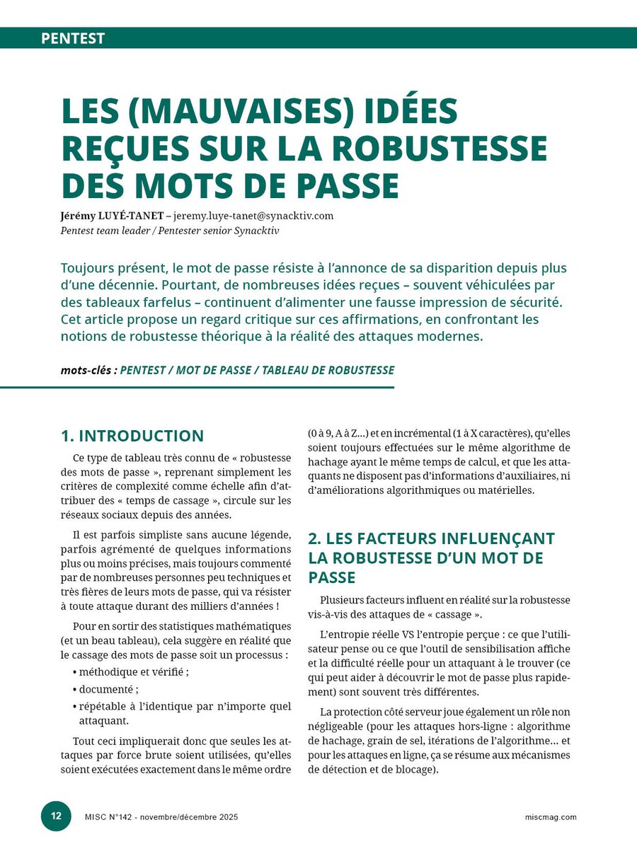 MISCRedac's tweet image. Dans notre dernier numéro, on s&apos;intéresse entre autres à la robustesse des mots de passe : comment démêler le vrai du faux entre idées reçues et réalité des attaques ?

À découvrir en kiosque &amp;amp; sur boutique.ed-diamond.com/nouveautes/179… (ports offerts ou lecture en ligne immédiate).