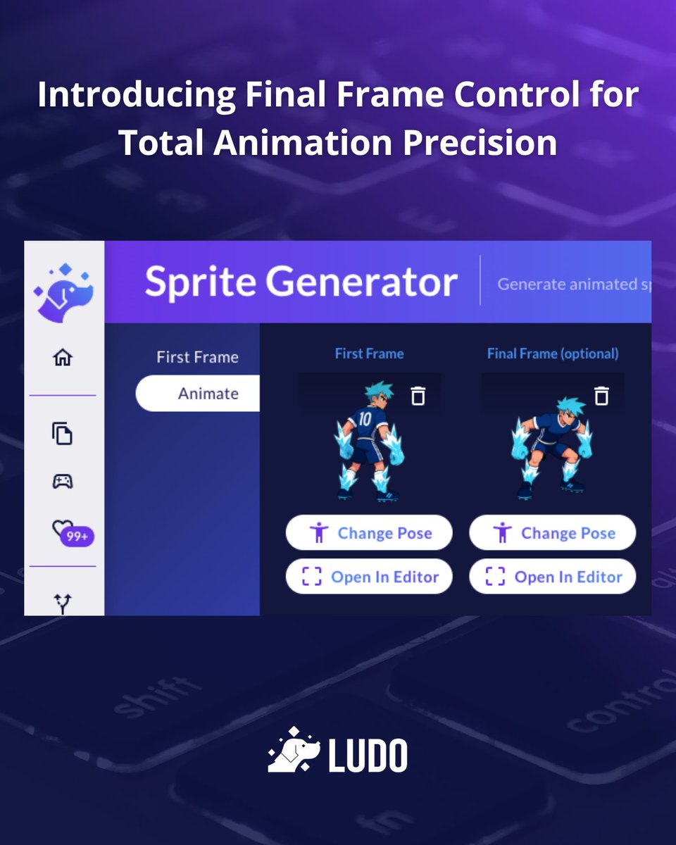 The Sprite Generator now has Final Frame Control. 

End animations exactly as intended by uploading a final frame, generating one from the first pose, or duplicating the initial frame for seamless loops. 

Try it free at Ludo.ai.

#LudoAI #Animation #GameDesign