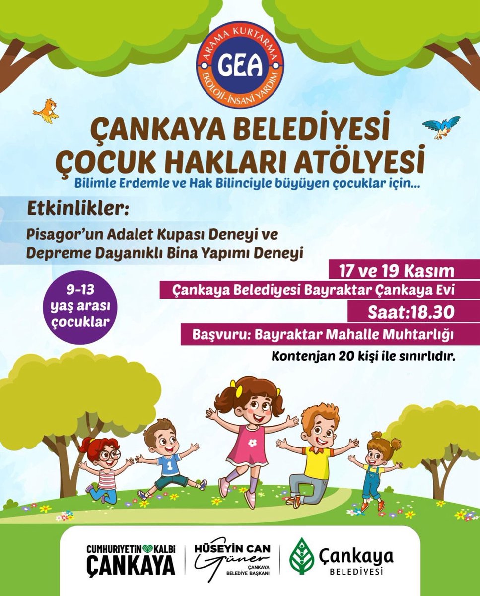 Çocuk Hakları Atölyesi başlıyor!

GEA Arama Kurtarma Gönüllüleri işbirliği ile gerçekleştireceğimiz etkinlikte çocukların, evrensel etik değerler çerçevesinde düşünme, sorgulama ve birlikte üretme becerilerini destekleyen atölyeler gerçekleştireceğiz.

Etkinlikler:
📌Pisagor’un