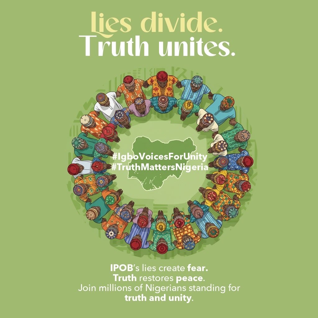 Peace4Progress's tweet image. Lies divide
Truth Unites 

Let’s drop all destructive ideas and tendencies and support Nigeria to be great again. 
#IgboVoicesForTruth
#TruthMatterNigeria