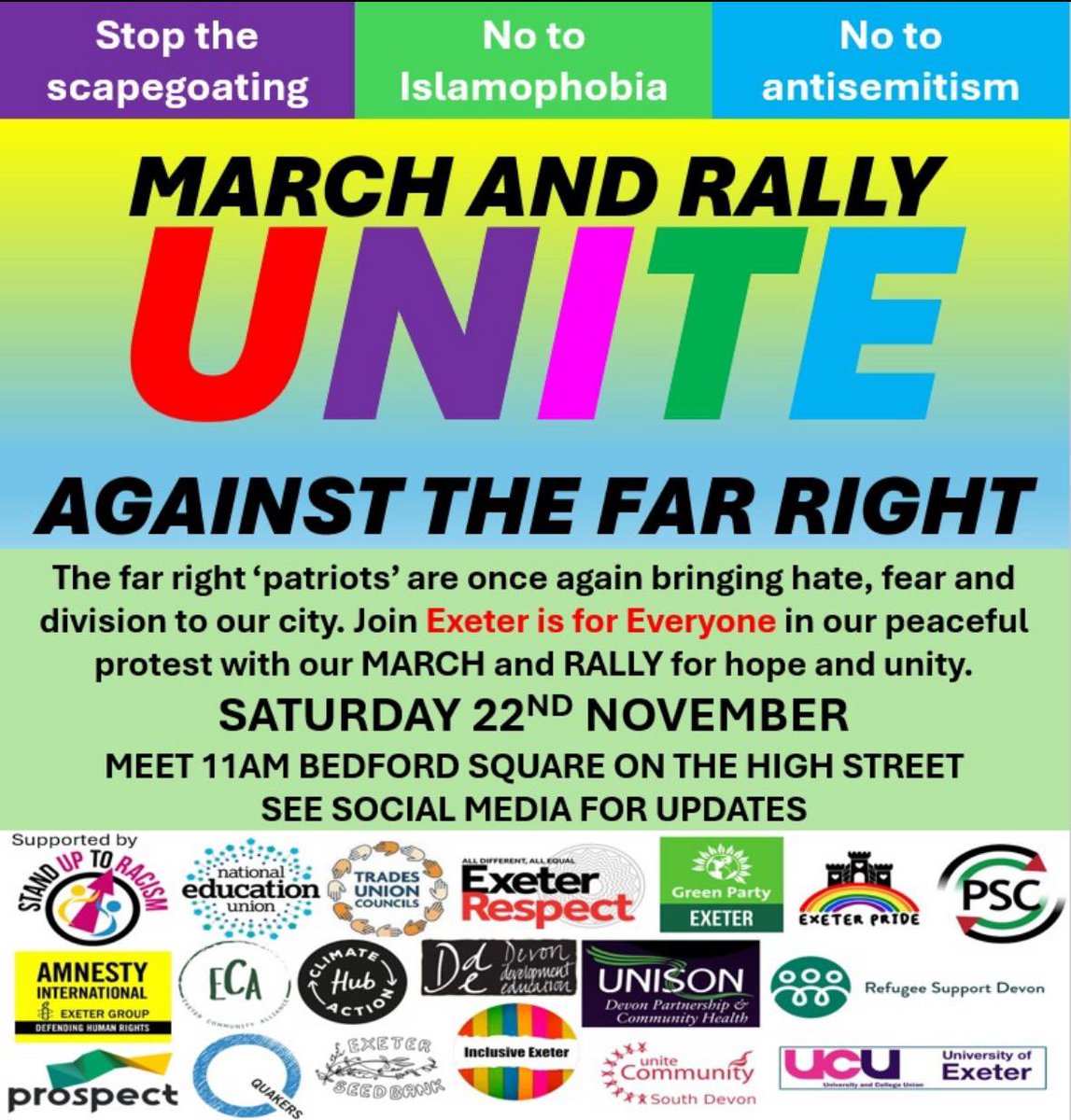 AntiRacismDay's tweet photo. Two amazing unite against the far right events coming up on Saturday 22 November in Exeter &amp; Sheffield. 

You can see the breadth of support! 

The movement for unity against the far right is growing. 

#RefugeesAreNotToBlame https://t.co/ABHJmtoyCJ