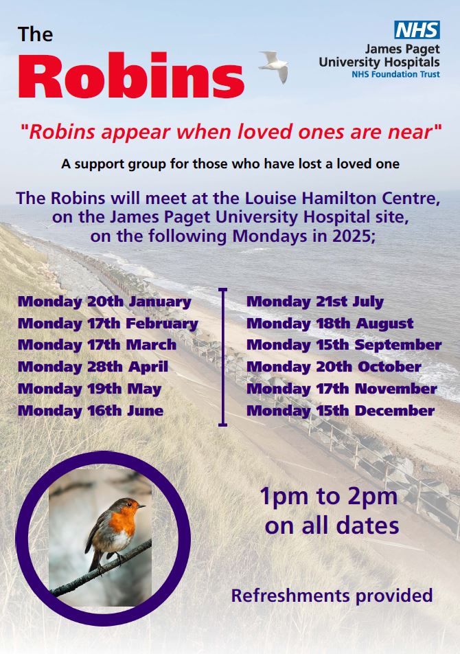 jpuhccn's tweet photo. Just a gentle reminder that Monday is our monthly 'The Robins' group, for those who have lost a loved one. Light refreshments will be provided. https://t.co/FmjzyDKKiV