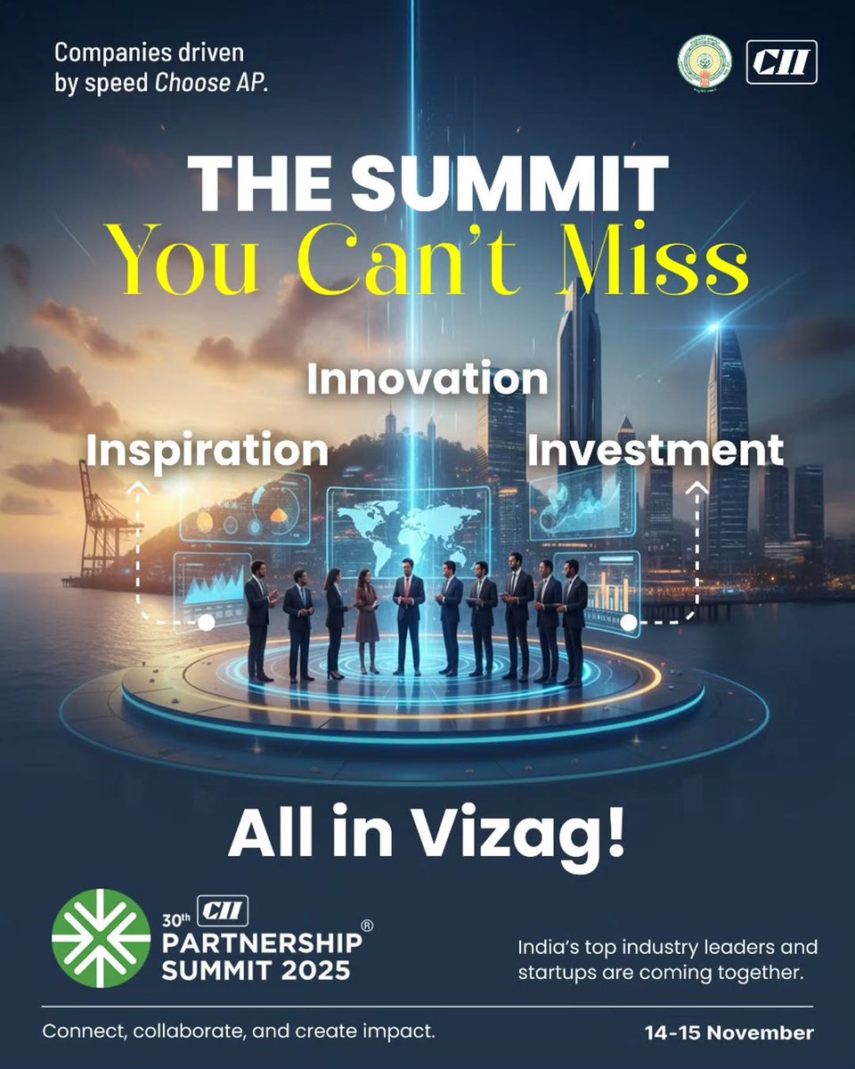 APOfficialNews's tweet image. Vizag 2025: The Summit You Can’t Miss
Innovation meets investment at CII Summit 2025. Global leaders &amp;amp; investors shaping AP’s future.
#CII2025 #Vizag #VizagRising #InvestInAP #AndhraPradesh