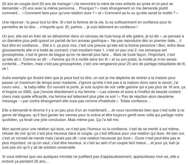Quand j’ai découvert la scène ouverte de stand-up La Reine Comédie, je me suis demandé si je serais capable d’écrire quelque chose. Je monterai jamais sur scène pour le tester, j’en ferai probablement jamais rien, mais ça m’a amusé de l’écrire