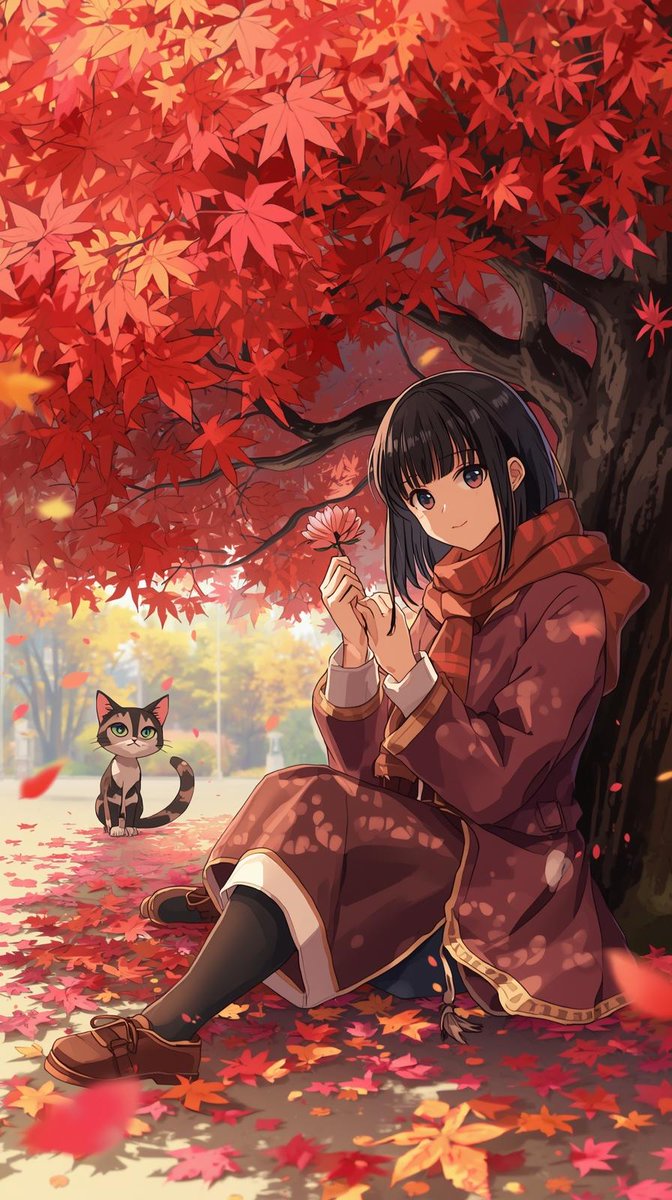 こんばんにゃん お疲れさまです 紅葉の絨毯でジャンプ！ トラ猫子が