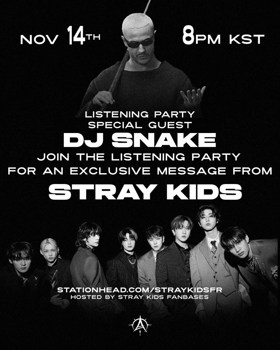 StrayKidStraya's tweet image. STRAY KIDS FANBASES × DJ SNAKE 🔥

1 HOUR until the streaming party!! Tune in on @STATIONHEAD for an exclusive message from @Stray_Kids and a guest appearance from @djsnake 🐍

🗓️ Nov, 14 – 8PM KST (10PM AEDT)
🔗 stationhead.com/straykidsfr

#StrayKidsXDJSnake 
#StrayKids #InTheDark