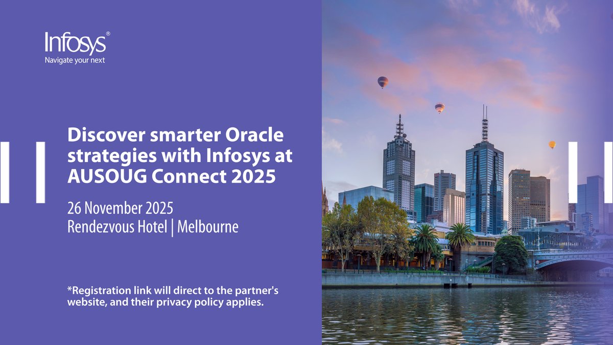 InfosysEvents's tweet image. Accelerate your Oracle transformation with Infosys at AUSOUG Connect 2025 – Melbourne. Discover AI-first strategies and cloud-native solutions built for scale and impact. bit.ly/3LCwzoi

#AUSOUGConnect2025 #InfyAtAUSOUGConnect #InfosysOracleServices