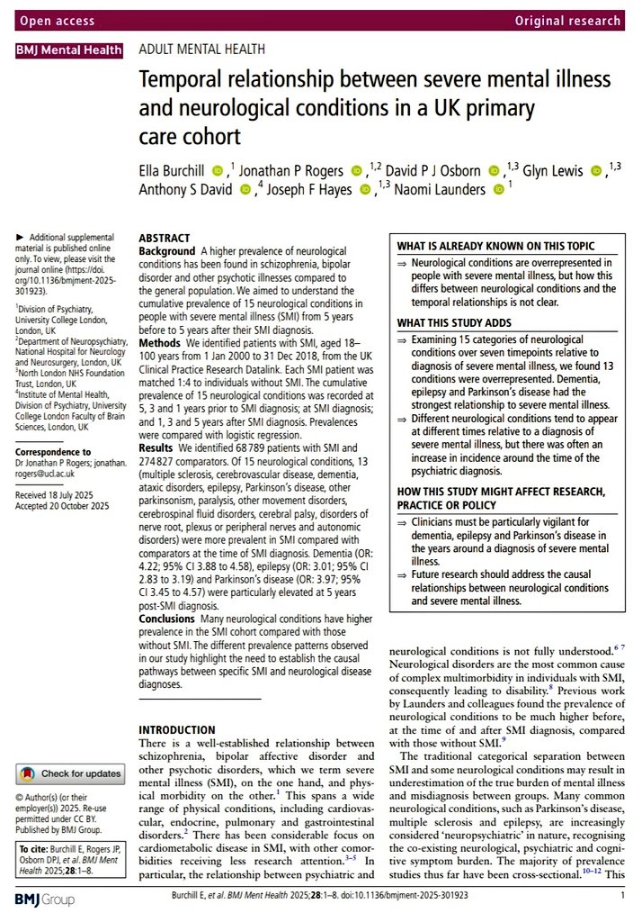 New UK study shows people with severe mental illness have higher rates of many neurological conditions, including dementia, epilepsy &amp; Parkinson’s, from years before diagnosis to years after. Highlights need to understand links between brain &amp; mental health.

Link: