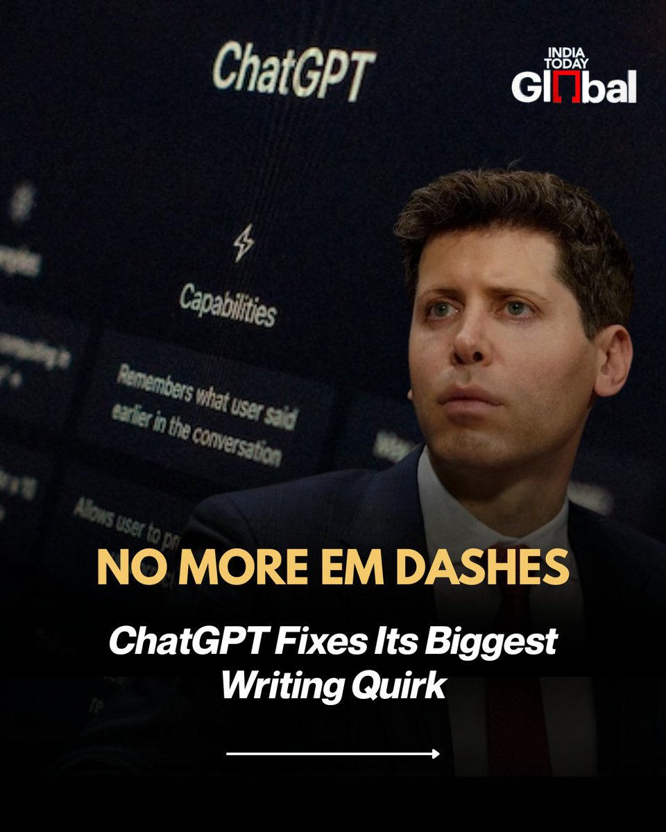 ITGGlobal's tweet image. ChatGPT has updated its writing style to stop overusing em dashes, making AI-generated text look more natural and human-like. Users can now tell the AI to skip them, a change welcomed with relief and humour online.

#ChatGPT #AIUpdate #ChatGPTWriting #AINews #OpenAI…