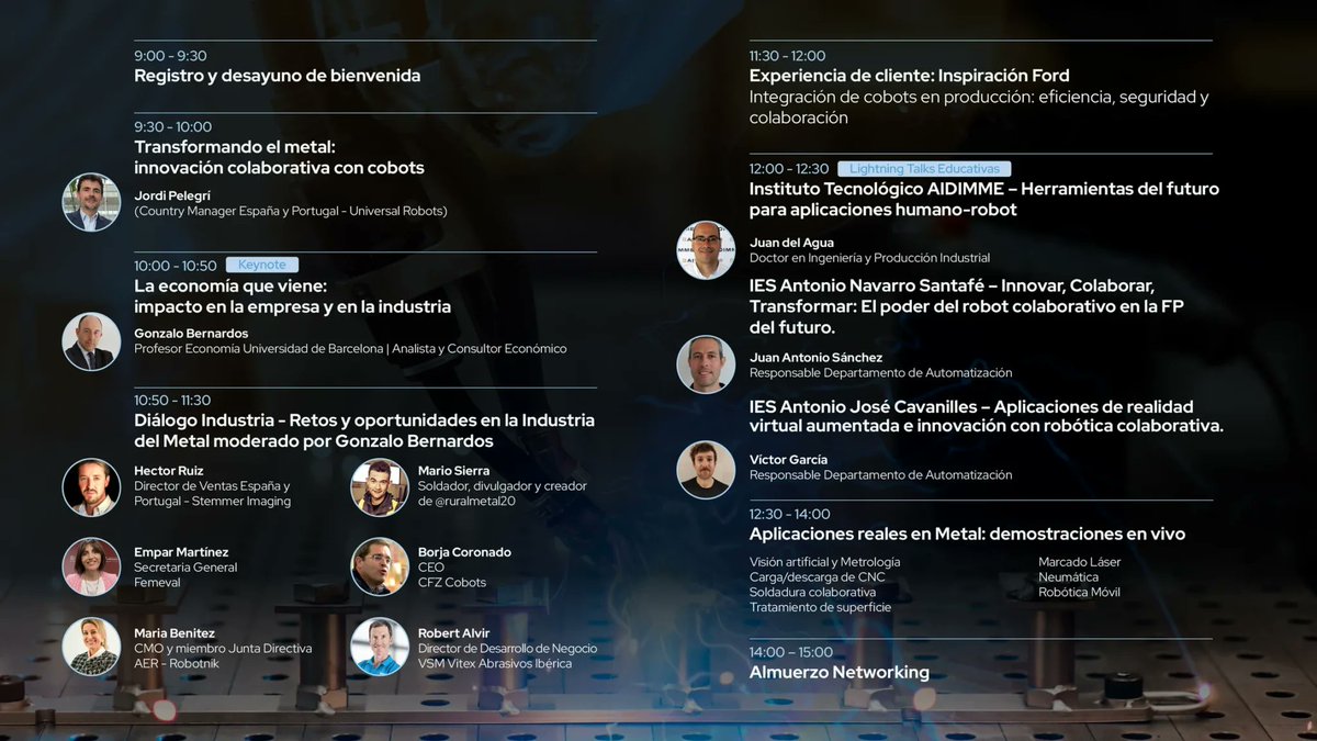 RobotnikRobots's tweet image. 📍El próximo 2 de diciembre, #WeAreCobotsMetal hace parada en #Valencia.
Estáis invitados a este encuentro impulsado por @Universal_Robot, enfocado en las aplicaciones de la robótica colaborativa en la industria del metal: robotnik.eu/es/wearecobots…
#robótica #industria