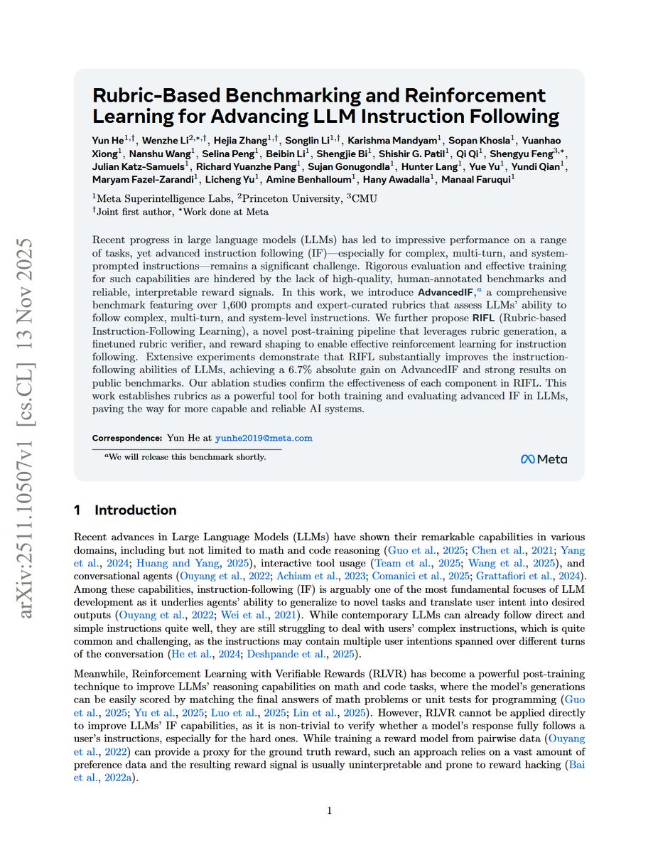 iScienceLuvr's tweet image. Rubric-Based Benchmarking and Reinforcement Learning for Advancing LLM Instruction Following

- Introduces a new benchmark with over 1,600 prompts and expert-curated rubrics to evaluate the ability to follow complex, multi-turn instructions

- Introduces a novel post-training…