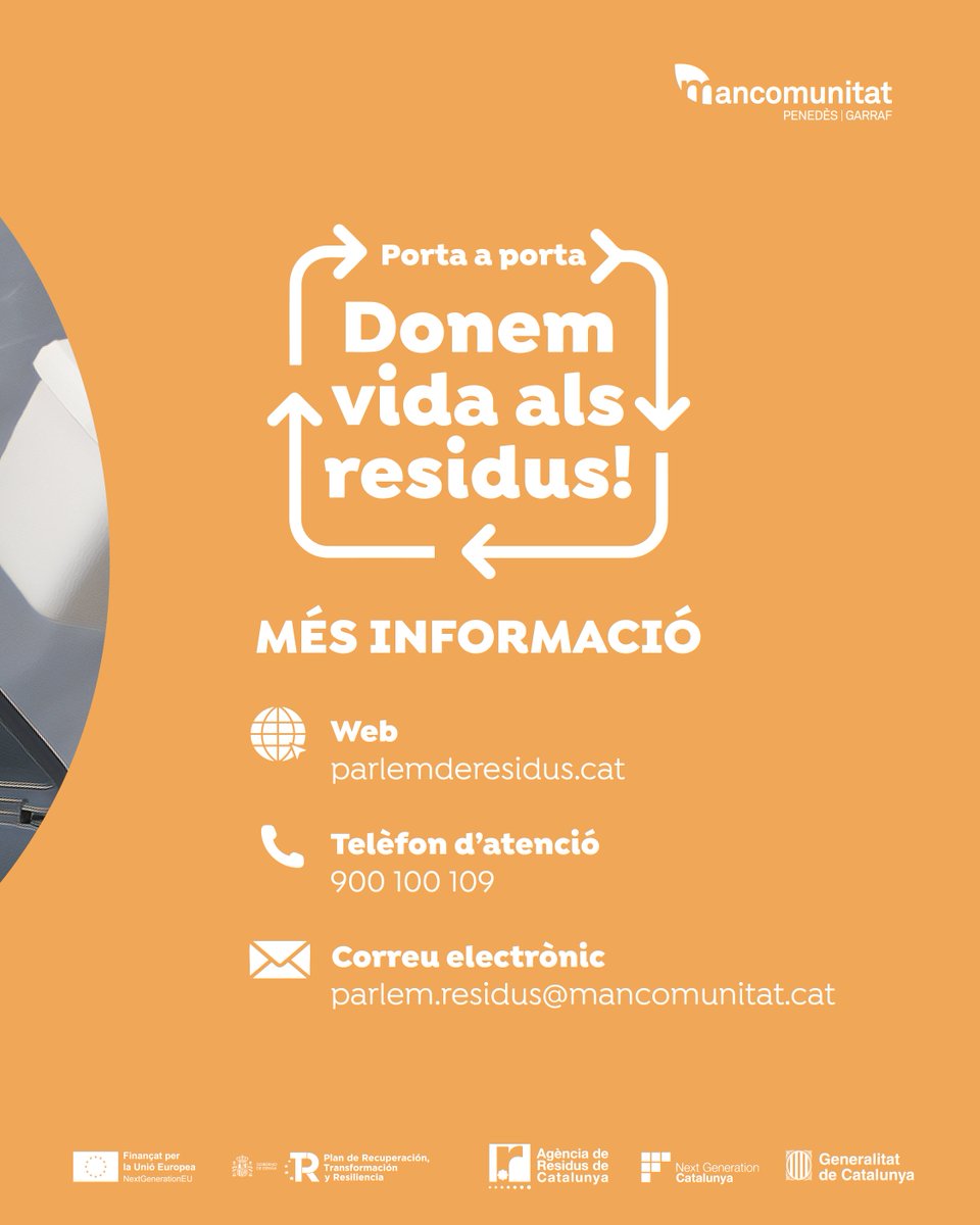 ℹ️ On va cada residu? T’ho expliquem!

♻️ Amb el Porta a Porta, s'utilitzarà un cubell per a Orgànica, un cubell per a Resta, i un
cubell multifracció pels Envasos i el Paper i cartró. El vidre es continuarà dipositant als contenidors oberts de la via pública.

#PladelPenedès