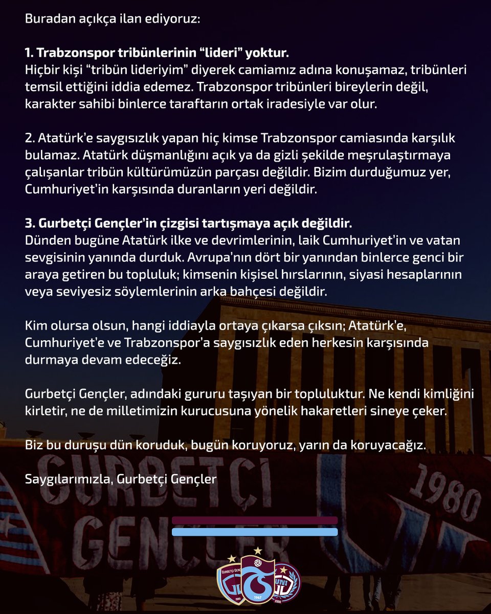 Büyük Trabzonspor camiasına ve kamuoyuna saygılarımızla..

#GurbetçiGençler