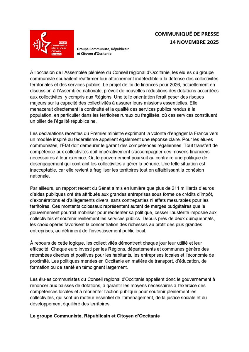 📣 Défendons nos collectivités et nos services publics !
Face aux baisses de dotations et au désengagement de l’État, les élu·es communistes d’Occitanie alertent : l’égalité territoriale est en jeu.

👉 Notre communiqué complet ci-dessous.