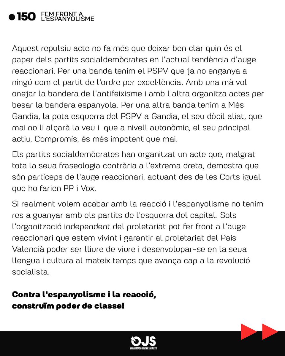 OJS_ccentrals's tweet image. 🔴 Davant la jura de bandera en Gandia, fem front a l&apos;espanyolisme  i la reacció, construïm poder de classe! 🔴