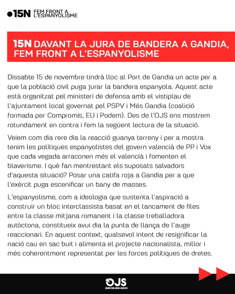 OJS_ccentrals's tweet image. 🔴 Davant la jura de bandera en Gandia, fem front a l&apos;espanyolisme  i la reacció, construïm poder de classe! 🔴