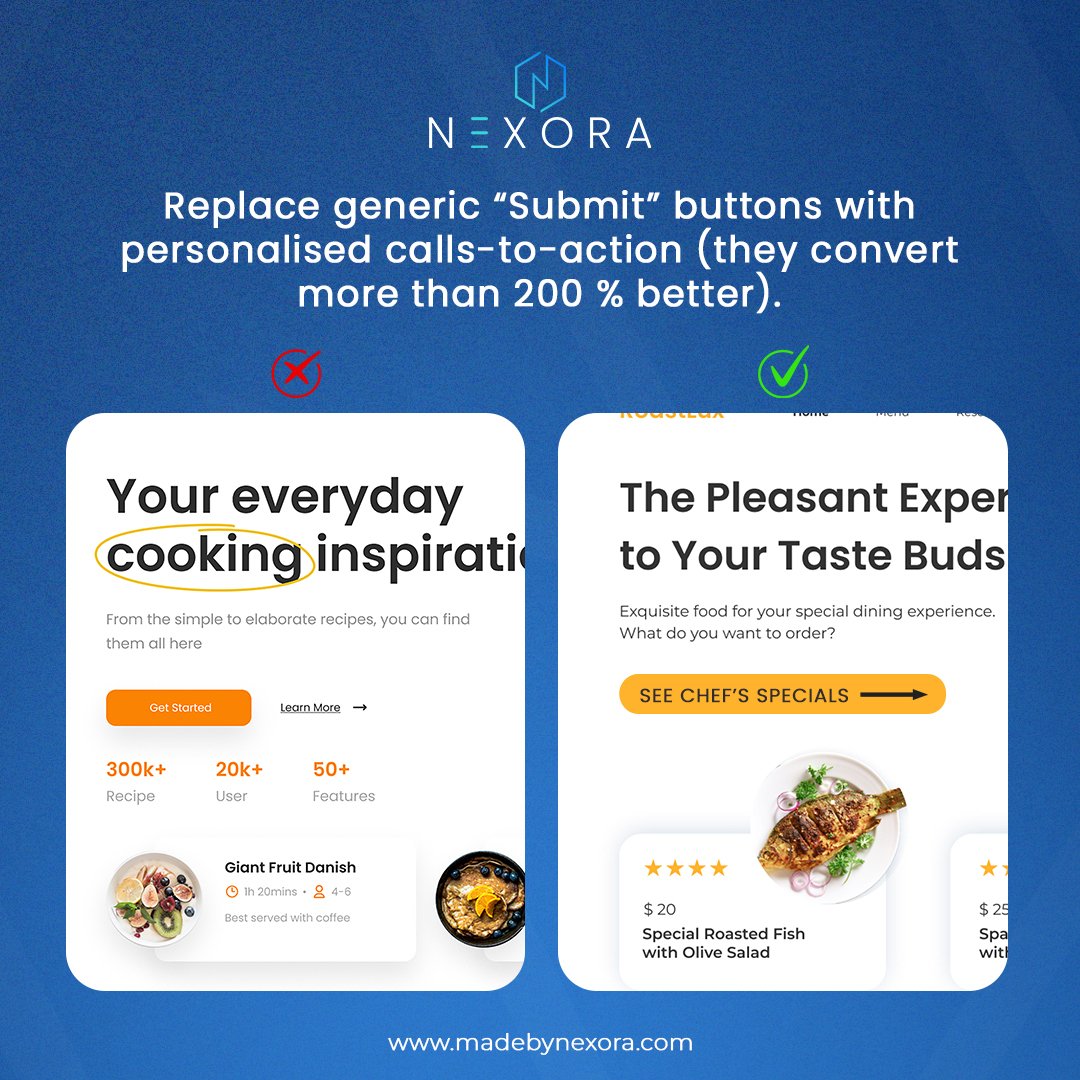 Madeby_Nexora's tweet image. Your landing page might be killing bookings. Clear value prop + supportive image + form above the fold + one accent colour for CTA. Personalised CTAs convert 200 % better than generic ones. Time to audit your page.
#WebDevelopment  #nexora 
#webdesignanddevelopment