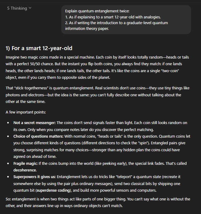 tonchiki_neko's tweet image. GPT-5.1 shows a real STEM jump: it rebuilds the whole explanation depending on the reader.  
Same quantum entanglement question, but 5.1 can explain it like a kids’ science book. 
#chatGPT5 #chatGPT51 #AI #openAI