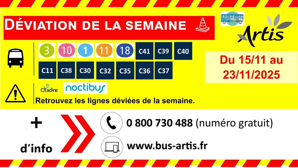 Bus_Artis's tweet image. 🔽🔽 Retrouvez toutes les déviations prévues pour la période du 15 au 23 novembre 2025.
Attention des déviations plus ponctuelles peuvent venir se greffer entre-temps.
Pour les consulter, cliquez sur le lien: bus-artis.fr